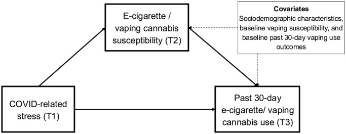 Visual schematic of path model.Note: baseline (T1) susceptibility, e-cigarette/cannabis vaping use, and other covariates (age, sex, race/ethnicity, family financial status, and parent education) were controlled in the mediational path model.