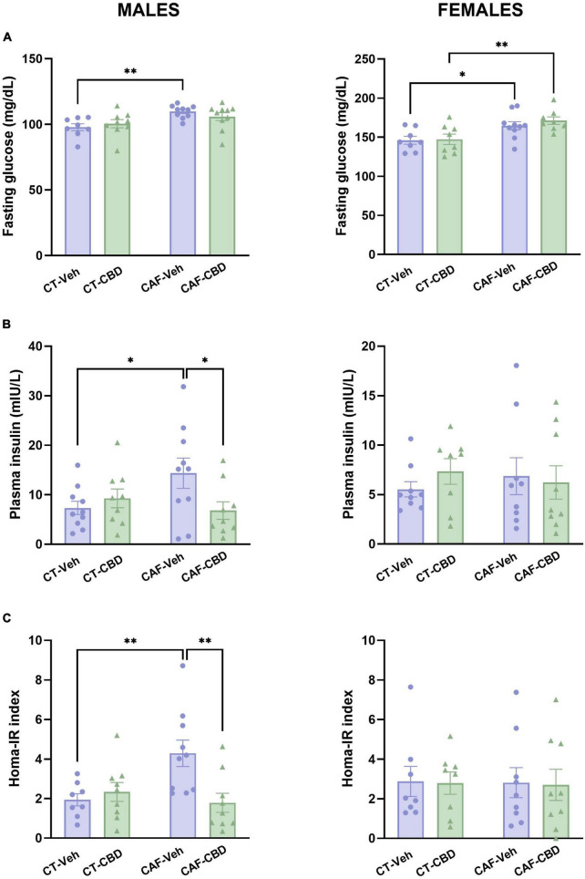 Plasma levels of glucose and insulin and calculated homeostatic model assessment (HOMA-IR) index of the offspring. Maternal obesity increased fasting glucose levels in both male and female offspring with no cannabidiol (CBD) effect (A). Maternal obesity increased levels of plasma insulin in males, but CBD treatment was able to revert this damage (B). Male cafeteria (CAF)-vehicle (Veh) presented an elevated HOMA-IR index, which was alleviated by CBD treatment (C). Data are presented as mean ± SEM. n = 8–10/group. *p < 0.05 ***p < 0.01.