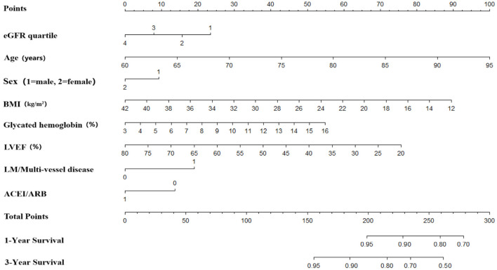 Instructions for Using the Nomogram. Draw a line perpendicular from the corresponding axis of each risk factor until it reaches the top line labeled “Points.” Sum up the number of points for all risk factors then draw a line descending from the axis labeled “Total Points” until it intercepts each of the survival axes to determine 1- and 3-year survival probabilities. For eGFR quartile, 1 = Quartile 1 (eGFR ≤ 63.02 ml/min/1.73 m2), 2 = Quartile 2 (eGFR 63.03–78.45 ml/min/1.73 m2), 3 = Quartile 3 (eGFR 78.46–91.50 ml/min/1.73 m2), 4 = Quartile 4 (eGFR > 91.51 ml/min/1.73 m2). For sex, 1 = male and 2 = female. For LM/Multi-vessel disease, 0 = no and 1 = yes. For ACEI/ARB, 0 = no use and 1 = use. eGFR, estimated glomerular filtration rate; BMI, Body Mass Index; LVEF, left ventricular ejection fraction; LM, LM, left main coronary artery; ACEI or ARB, angiotensin-converting enzyme inhibitor/angiotensin receptor blocker.
