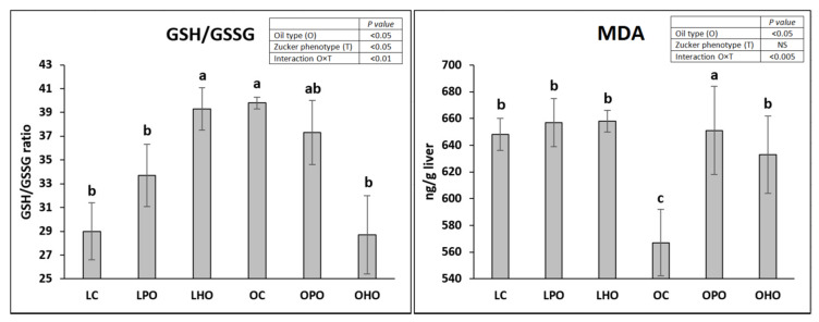 Liver antioxidant status in Zucker rats fed experimental diets. Values are the mean ± SEM, where n = 6 for obese rats and n = 8 for lean rats. Means without a common letter differ, p ≤ 0.05. LC, lean rats fed a control diet with palm oil; LPO, lean rats fed a diet with poppy seed oil; LHO, lean rats fed a diet with hemp seed oil; OC, obese rats fed a control diet with palm oil; OPO, obese rats fed a diet with poppy seed oil; OHO, obese rats fed a diet with hemp seed oil; GSH/GSSG, reduced glutathione to oxidized glutathione ratio; MDA, malondialdehyde.