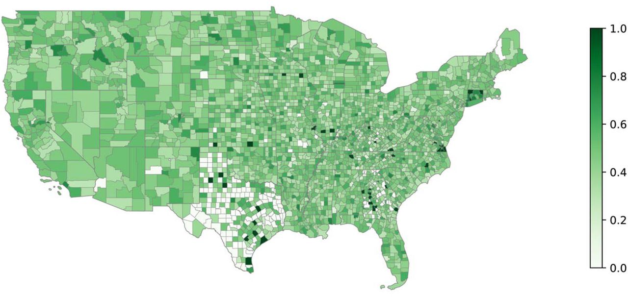 Geographic distribution of ZIP codes with hospitals offering remote patient monitoring (RPM) services across US counties. Color intensity reflects the proportion of ZIP codes with hospitals offering RPM relative to the total ZIP codes in each county.
