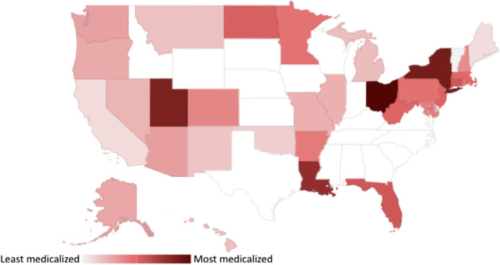 MCLaSS summary score by state. Printed with permission by Elsevier. Originally printed in Richard EL, Althouse AD, Arnsten JH, et al. How medical are states' medical cannabis policies?: Proposing a standardized scale. Int J Drug Policy. 2021;94:103202