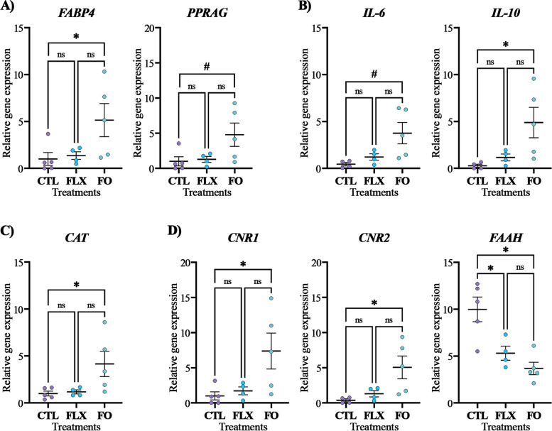Expression levels of genes related to lipid metabolism, inflammation, oxidative stress, and ECS in placenta. (A) Lipid metabolism: FABP4 Fatty acid binding protein 4, PPARG Peroxisome proliferator activated receptor gamma; (B) Inflammation: IL-6 Interleukin 6, IL-10 Interleukin 10; (C) Oxidative stress: CAT Catalase; and (D) ECS components: CNR1 Cannabinoid receptor 1, CNR2 Cannabinoid receptor 2, FAAH Fatty acid amide hydrolase. Dairy cows at d 257 of pregnancy were divided into 3 nutritional groups supplemented with (i) CTL – encapsulated saturated fat, (ii) FLX – encapsulated flaxseed oil providing ALA, or (iii) FO – encapsulated fish oil providing EPA and DHA. Data represent the mean ± SEM. * P ≤ 0.05 and # P < 0.1 when comparing CTL, FLX, and FO treatments by Tukey’s test