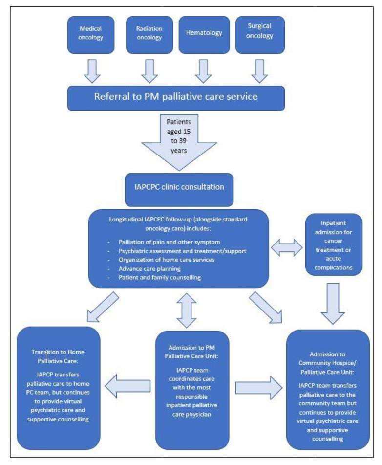 Integrated AYA Palliative Care and Psychiatry Clinic (IAPCPC) clinic model and steps of care for adolescent and young adult (AYA) cancer patients from time of referral.