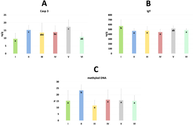 The levels of caspase 3 (Casp 3) (A), immunoglobulin Y (IgY) (B) and % of methylated DNA (C) in the jejunum of chickens. The different letters indicate significant differences (P<0.05). The error bars indicate the mean standard deviations (SD) for the eight chickens in each treatment group. Group designations: I control (C); II C. perfringens; III CBD + C. perfringens; IV nano-Se + C. perfringens; V CBD + nano-Se; VI CBD + nano-Se + C. perfringens..