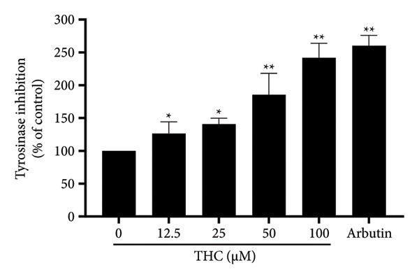 Tyrosinase inhibitory effects of THC in A375 cells. Arbutin 100 ppm was used/assigned as a positive control, and all data were reported as the means (± SEM) of at least three separate experiments, and arbutin 100 ppm is a positive control. A symbol (∗ or ∗∗) on the bars of each group indicates that the difference resulting from treatment with THC 0–100 μM is statistically significant at p < 0.05 or 0.01.