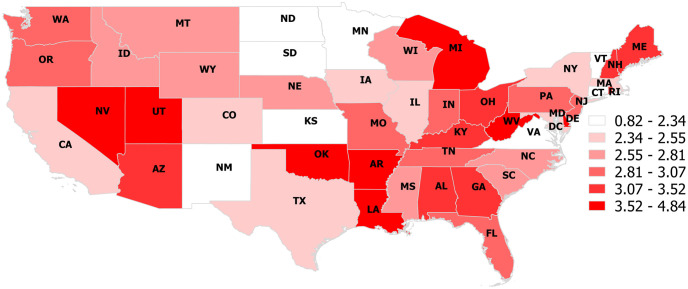 Choropleth map illustrating the proportion of dog-associated poisoning calls to the Animal Poison Control Center that were related to an opioid poisoning in each continental US state (2005–2014).