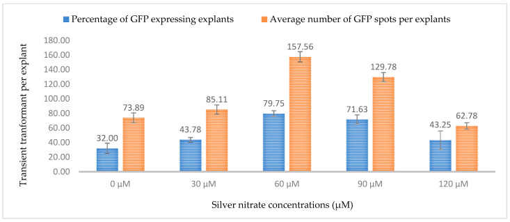 Effect of different silver nitrate concentrations on transformation efficiency based on Green Florescent Protein (GFP) expression. Infection frequency was calculated as the percentage of GFP-positive explants from 3-week-old leaves out of the total number of explants examined. The number of GFP foci per explant is the average number of GFP-positive foci in at least three independent explants. The data are represented as means ± standard error (SE). To optimize the individual parameter, each experiment contained 25 to 30 samples and each experiment had 3 replications (n = 75).