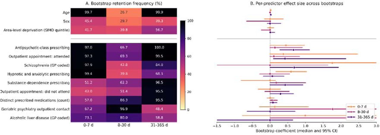 (A) Bootstrap retention frequencies (percent of 1,000 resamples of the training data) for demographic and mental health-related candidate predictors selected by the modelling approach, subset by follow-up window. (B) Bootstrap coefficient distributions (median and 95% confidence interval) for the same predictors on the elastic-net coefficient scale; note the disparity in effect size between age (retained at high frequency but with median coefficient near zero) and the mental health-related predictors. Intervals are clipped at the plot range; coefficients of exactly zero across all bootstraps are omitted. Complete retention tables for all 37 predictors are provided in the supplement.