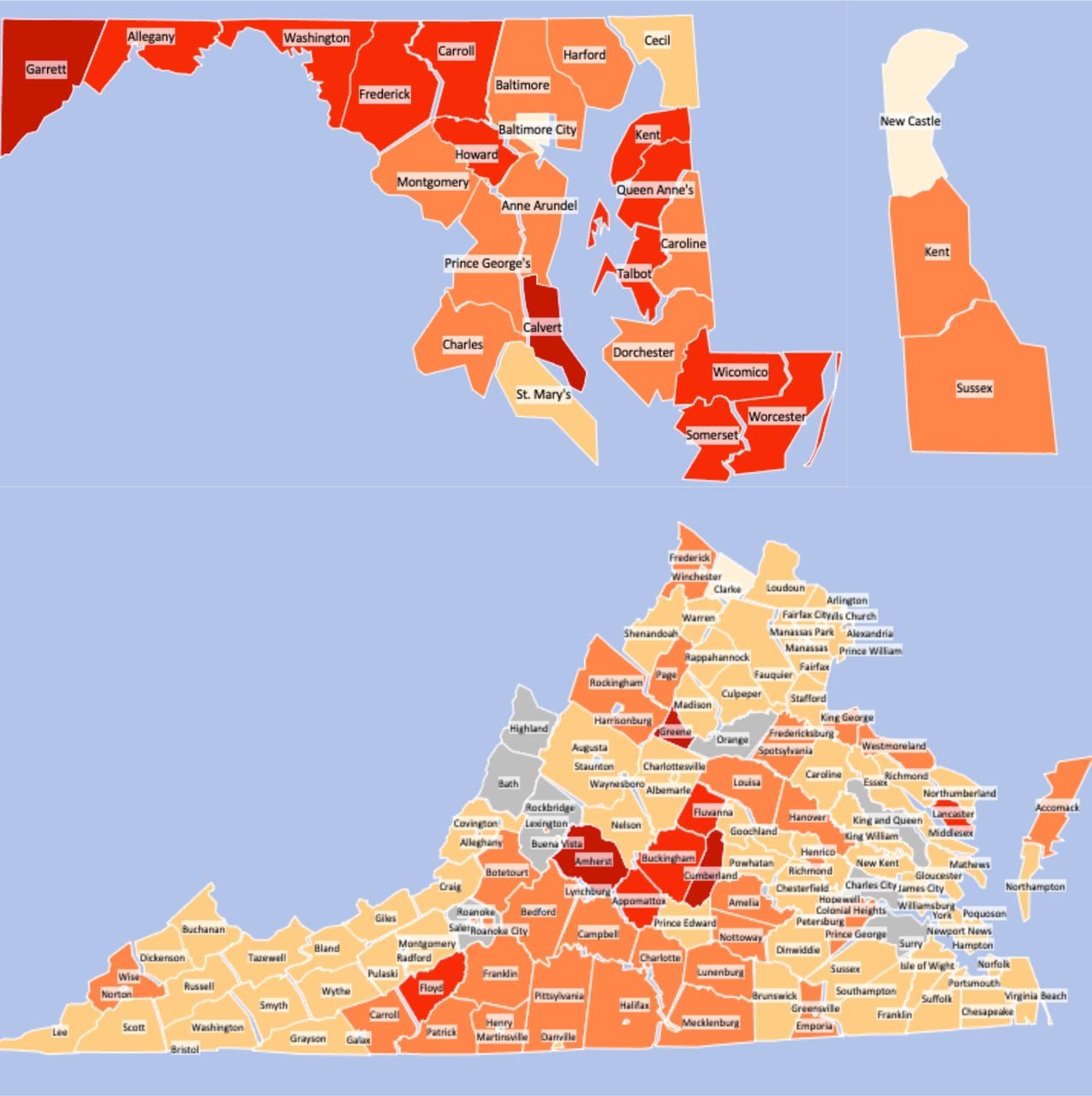 % change in hydrocodone MME by county as reported by ARCOS (2006-2010)*Darker Red = More standard deviations above state mean*Grey = Population data not available