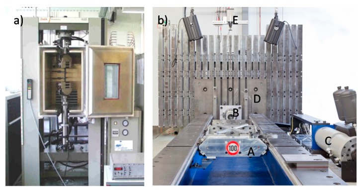 Universal testing machine (a) Quasi-static tests set-up. (b) Catapult crash facility used for dynamic tests.