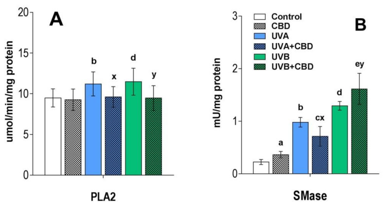 PLA2 activity panel (A) and neutral SMase activity panel (B) in keratinocytes isolated from the skin of control (Control) and UVA-irradiated rats (increasing doses from 0.5 to 5 J/cm2 for 4 weeks) or UVB (increasing doses from 0.02 to 2 J/cm2 for 4 weeks). These cells have not been treated (Control and UVA) or treated with CBD (CBD and UVA + CBD) (2.5 g CBD in 100 g petrolatum). The examined group of keratinocytes origin from two data sets each comprising four groups: (Control vs. CBD vs. UVA vs. UVA + CBD) and (Control vs. CBD vs. UVB vs. UVB + CBD). Values are mean ± SD, p < 0.05; (a), CBD vs. control; (b), UVA vs. control; (c), UVA + CBD vs. control; (d), UVB vs. control; (e), UVB + CBD vs. control; (x), UVA + CBD vs. UVA; (y), UVB + CBD vs. UVB.