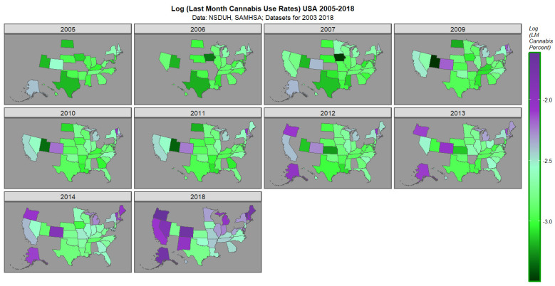 Map graph of last month cannabis use across USA 2005–2018.
