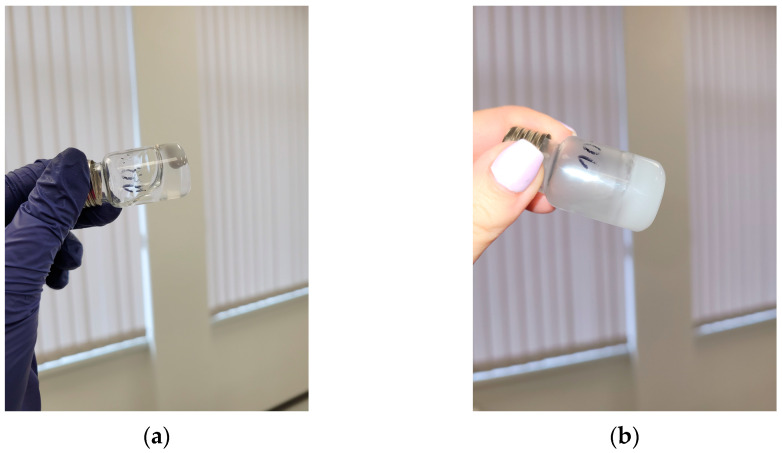 A viscous solution of HPC, K2SO4, and CBD-loaded micelles in water at 25 °C (a) and the corresponding physical gel at 37 °C (b).