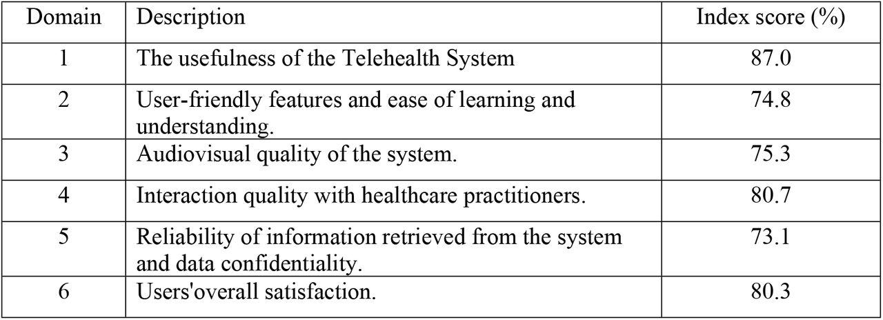 Index scores for all six domains of the feasibility evaluation of the developed telehealth system.