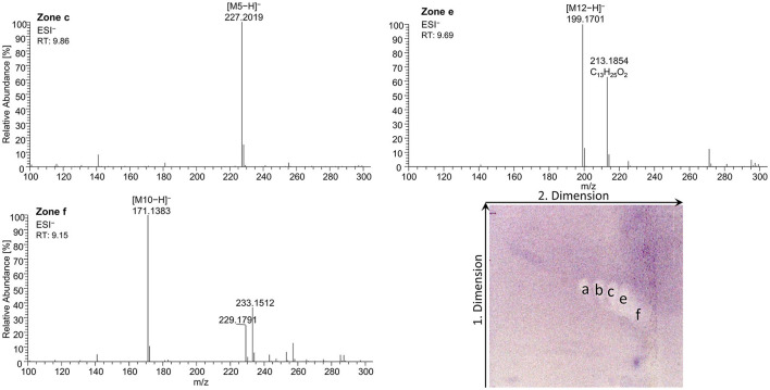 High-resolution mass spectra and corresponding ion species in the negative ionization mode after the nanoGIT–HPTLC×HPTLC–Vis–bioassay–heart cut–RP-HPLC–DAD–HESI-HRMS/MS analysis of all identified fatty acids of digested coconut oil after the Bacillus subtilis bioassay on HPTLC RP-18 W plates, where the plates were focused twice with acetone and cut at 15 mm, developed (from the cut edge) first with n-hexane/diethyl ether/formic acid 90:25:2 (V/V/V) up to 60 mm, after 90° plate turn, and then with acetonitrile/water 4:1 (V/V, with molecular sieve) up to 50 mm; retention time shift due to HPLC pump exchange; M5 = C14:0, M10 = C10:0, and M12 = C12:0.