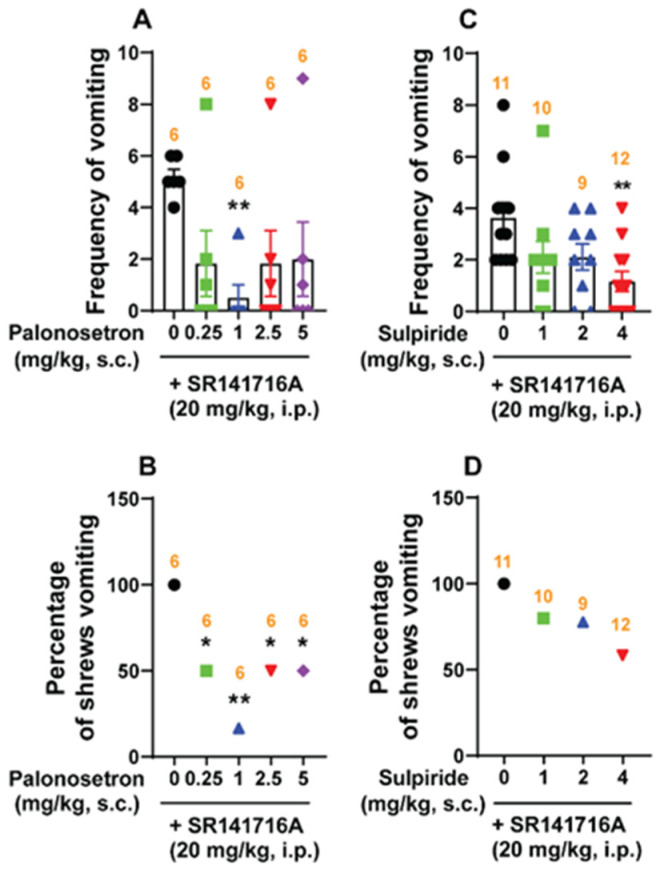 Effects of classical receptor-selective antiemetics against CB1 receptor inverse agonist/antagonist SR141716A (20 mg/kg, i.p.)-induced vomiting. Different groups of least shrews were given an injection of either the corresponding vehicle or varying doses of one of the following: (1) 5-HT3 receptor antagonist palonosetron (s.c.); (2) the D2/3 receptor antagonist sulpiride (s.c.), 30 min prior to SR141716A (20 mg/kg, i.p.) injection. Emetic parameters were recorded for the next 30 min. The frequency of emesis (A,C) was analyzed using Kruskal–Wallis non-parametric one-way ANOVA followed by Dunn’s post hoc test and presented as mean ± SEM. The percentage of shrews vomiting (B,D) was analyzed using the chi-square test and presented as mean. * p < 0.05, ** p < 0.01 vs. 0 mg/kg. The number of animals in each group is presented at the top of the corresponding column.