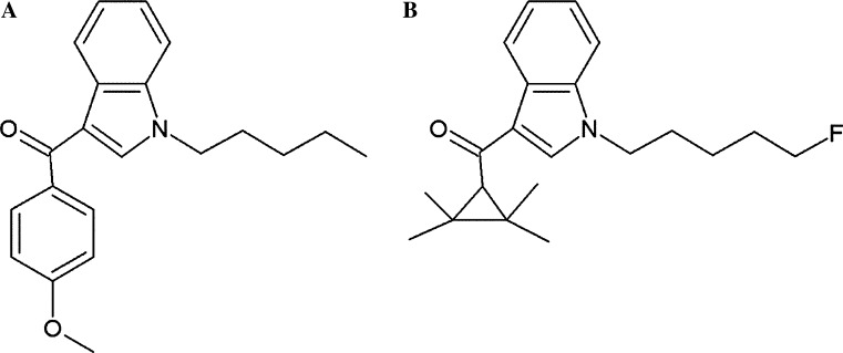 Chemical structures of the test compounds. a RCS-4 (4-methoxyphenyl)(1-pentyl-1H-indol-3-yl)methanone, CAS 1345966-78-0), b XLR-11 ([1-(5-fluoropentyl)-1H-indol-3-yl](2,2,3,3-tetramethylcyclopropyl)methanone, CAS 1364933-54-9)