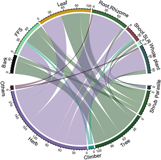Chord diagram showing plant growth forms and parts used (see main text for abbreviations).