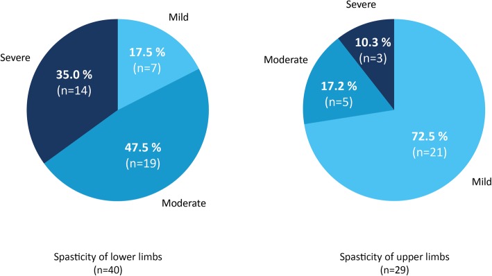 Location and severity of spasticity. The location of spasticity in terms of upper and lower limb involvement is shown. The severity of spasticity, as assessed by neurologists, was classified into severe, moderate and mild spasticity. It was recorded on a 4-point scale and classified as follows: severe spasticity: 4 points, moderate spasticity: 3 points, mild spasticity: 2 points, no spasticity: 1 point