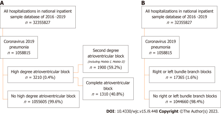 Study population and stratification process. A: Coronavirus disease 2019 (COVID-19) pneumonia hospitalizations stratified by patients with and without high degree atrioventricular blocks; B: COVID-19 pneumonia hospitalizations stratified by patients with and without right and left bundle branch blocks.