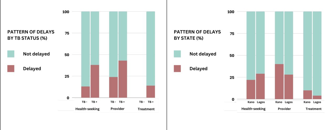 The proportion of participants experiencing different types of delays (a) by TB status and (b) by State