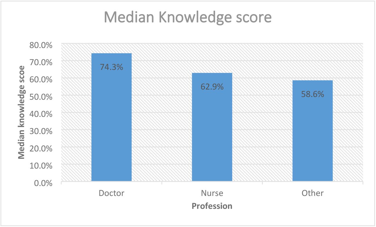 Median knowledge score among different professions, 2022