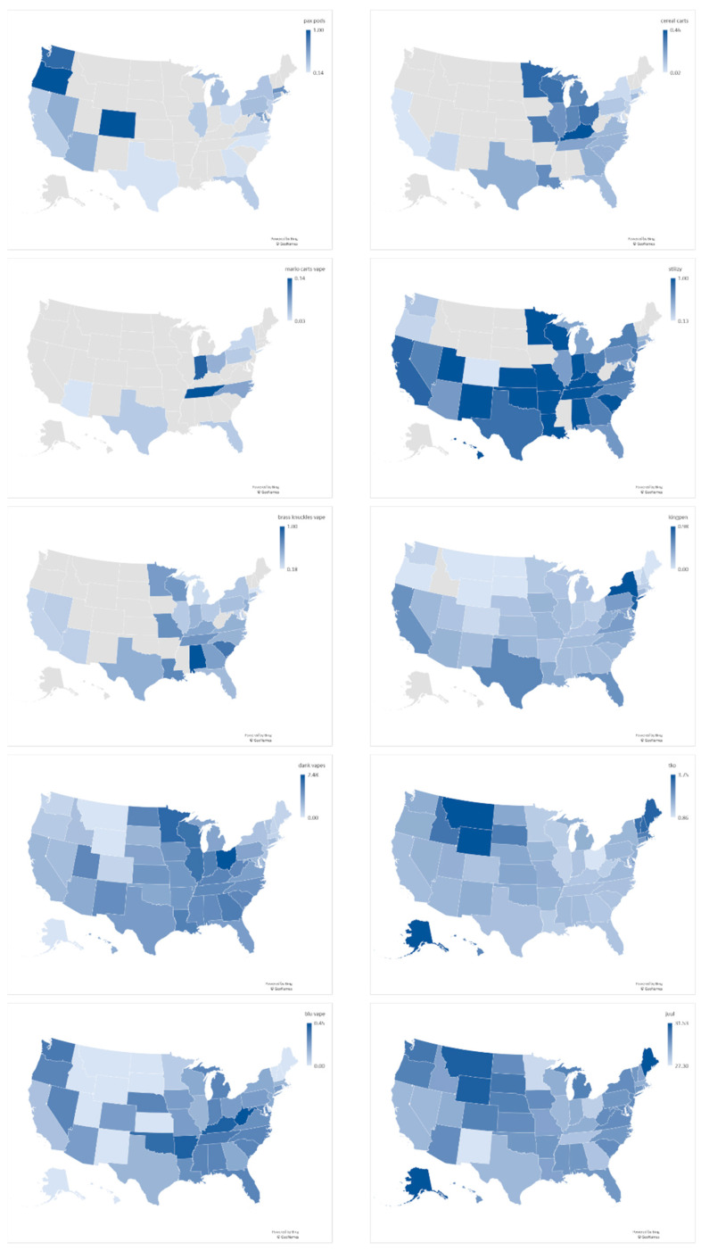 Relative query volume by state, from Google Trends. To facilitate comparison, all query volumes were normalized to the same scale.