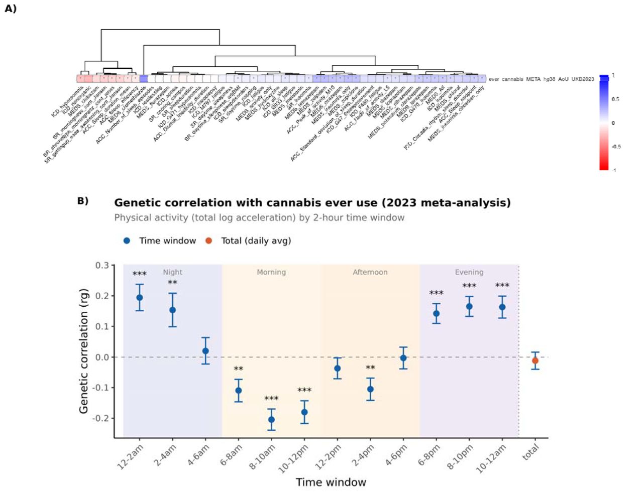 Genetic correlation between cannabis use and sleep traits, with finemapping followup using PLACO and SuSiE Coloc.A) Genetic correlation heatmap of cannabis use with diagnostic code and self-report sleep phenotypes, accelerometry, and medication-based phenotypes, illustrating positive correlations with insomnia and insomnia medications. B) Genetic correlations with total log acceleration for physical activity analyzed in 2-hour binned windows across the day.