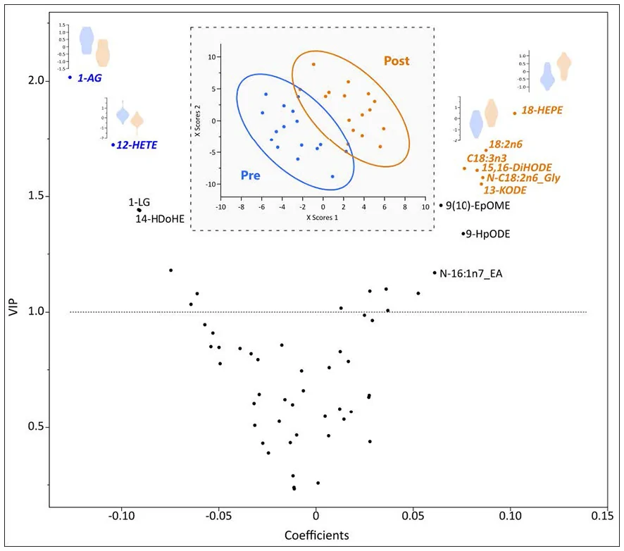 Scatter plot showing variable importance in projection (VIP) versus coefficients for biochemical markers, with key compounds labeled. Inset at the top center displays a PCA plot comparing pre and post groups using blue and orange ellipses. Small violin plots on each side highlight distributions for select metabolites, labeled in blue and orange.