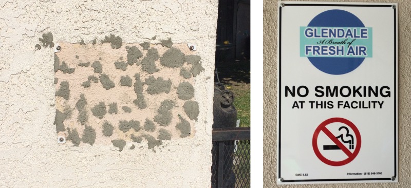 A generic no-smoking sign that was drilled to the wall was taken down by smokers (left). A no-parking/towing sign of similar size nearby was not removed. A no-smoking sign that was ratified by the City of Glendale's no-smoking law stood in place (right).