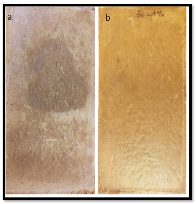 Example photographs of the composite surfaces made with polymer sheets of: (a) 0.24 and (b) 0.29 mm.