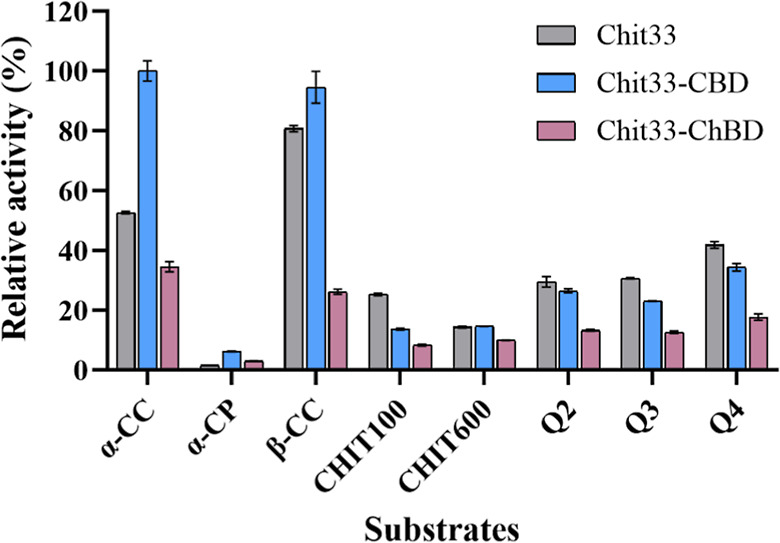 Activity of the Chit33 variants on the indicated chitinous substrates. An activity of 100% corresponds to 4.13 U/mg and was obtained when using the variant Chit33-CBD with α-CC. All substrates were used at 8 mg/mL. α-Chitosan: CHIT100 and CHIT600; β-chitosan: Q2, Q3, and Q4. Data are the average of three independent experiments, and standard errors are indicated.