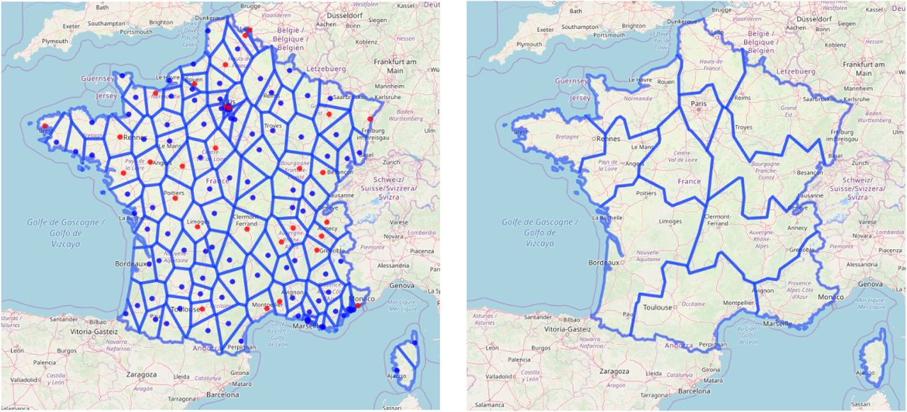 Maps of France divided into hospital catchment areas, then aggregated by French Region.