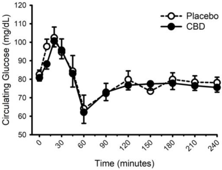 Circulating glucose concentration prior to and following consumption of a mixed macronutrient meal and placebo or 30 mg of cannabidiol (CBD). CBD did not influence the glucose response to food (placebo vs. CBD × time interaction; p = 0.31). Data are mean and standard error.