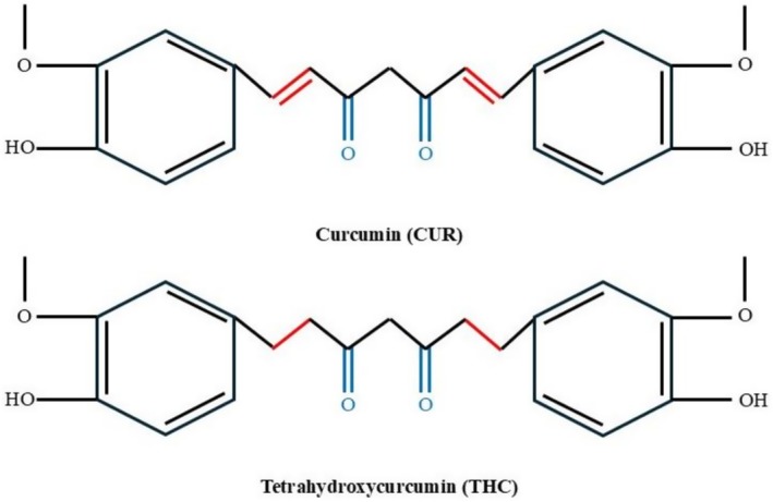 Structure of curcumin and tetrahydroxycurcumin.