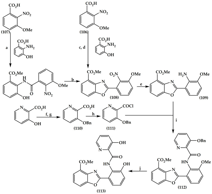 Synthesis of A–33853 antibiotic (113). Reagents and conditions: (a) CDI, THF, reflux, 18 h, 60%; (b) POCl3, xylene, 140 °C, 3 h, 58%; (c) MeOH, 40 °C, 12 h; (d) DDQ, CH2Cl2, r.t, 12 h, 37%; (e) Pd/C, H2, MeOH, r.t, 12 h, 80%; (f) BnBr, Ag2O, CH2Cl2/DMSO (1:1), r.t, 12 h, 70%; (g) LiOH, THF/ H2O/MeOH (3:1:1), r.t, 12 h, 94%; (h) (COCl)2, r.t, 3 h; (i) pyridine, DMAP (cat.), CH2Cl2, r.t, 12 h, 34%; and (j) excess BBr3, CH2Cl2, −78 °C to r.t, 16 h, 81%.