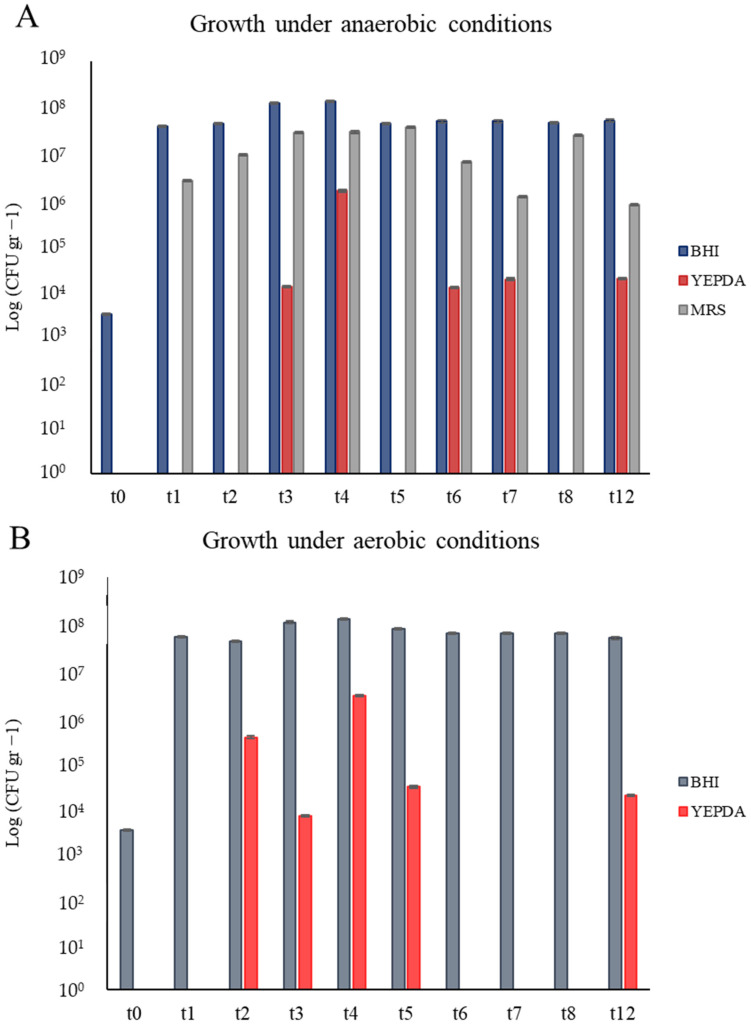 Results from viable counts into two different growth conditions. The y-axis reports the log value of the cellular density expressed as CFU gr−1. Standard deviation is also indicated using the error bars on the top of each bar. (A) Anaerobic conditions: cellular density of prokaryotes in BHI medium (blue bars), eukaryotes in YEPD with Chloramphenicol medium (red bars), and microbes of the Lactobacillus genus in MRS medium (grey bars). (B) Aerobic conditions: cellular density of prokaryotes on BHI medium (bluish grey bars) and eukaryotes in YEPD with Chloramphenicol medium (red bars).