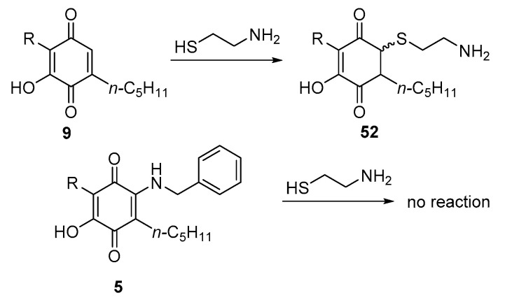 Michael reactivity towards thiols of CBDQ (9) and VCE-004.8 (5) via the intermediacy of the sulphide 52 (R = terpenyl).