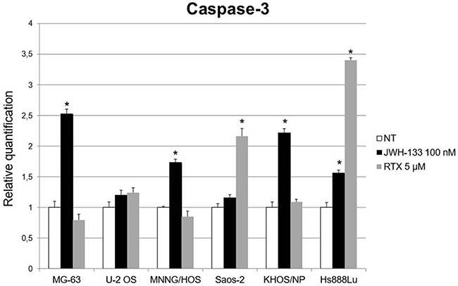 Effects on Caspase-3 mRNA expression levels of JWH-133 and RTX treatmentsCaspase-3 mRNA expression levels in OS cell lines were determined by Q-PCR after JWH-133 [100 nM] and RTX [5 μM] treatments. Results were normalized for the housekeeping gene β-actin and were showed as mean ± SD of three independent experiments. A t-test has been used to evaluate statistical differences in Caspase-3 expression among groups. * indicates p ≤ 0.05 compared to the untreated control (NT).