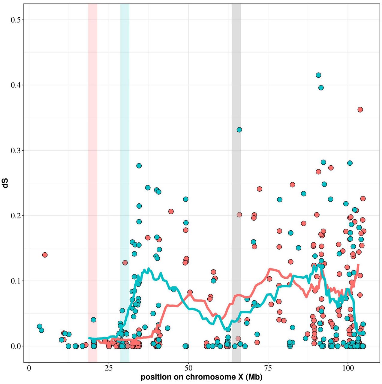 Synonymous divergence (dS) between X and Y copies of H. lupulus sex-linked genes (red) and those of C. sativa (blue) along the X chromosome of C. sativa. The curves represent the dS with sliding windows (windows of 20 points), for H. lupulus (red) and C. sativa (blue). The vertical red bar represents the putative Pseudo-Autosomal Boundary (PAB) in H. lupulus, the vertical blue bar represents the putative PAB in C. sativa, the vertical grey bar represents the putative boundary between the region that stopped recombining in the common ancestor and the region that stopped recombining independently in the two species (see below).