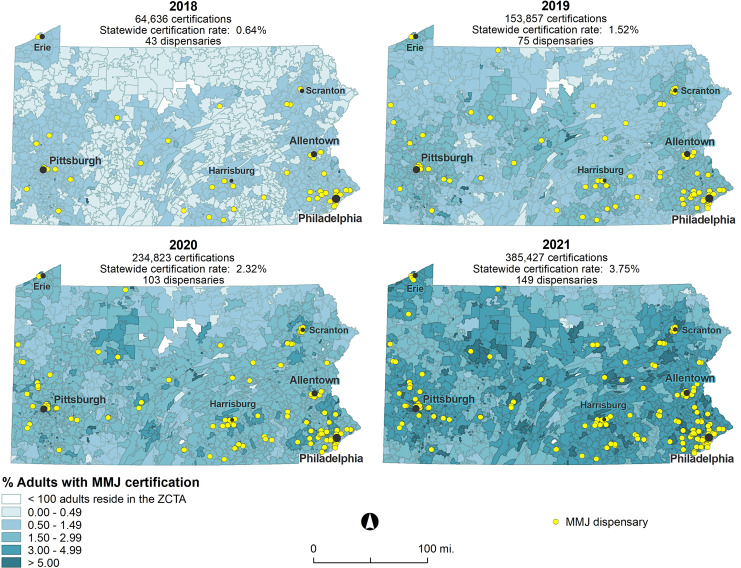 Pennsylvania maps of percent of adults with MMJ certification 2018–2021 in Zip Code Tabulation Areas with at least 100 adult residents.