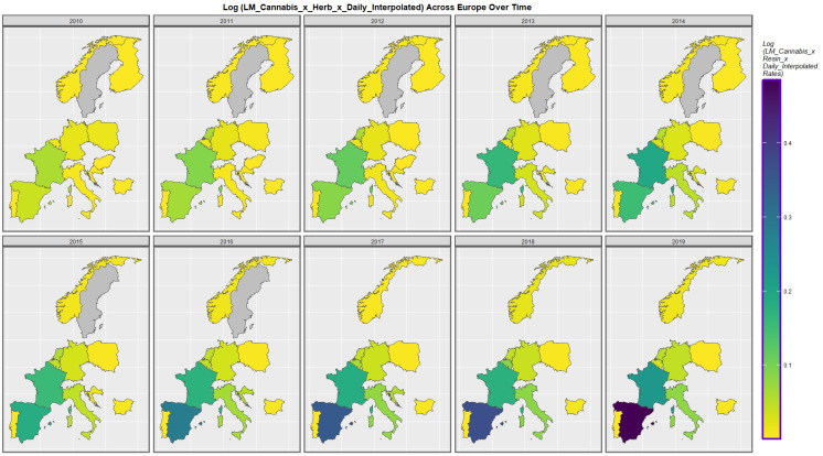 Sequential map-graph of last month cannabis use: cannabis herb THC concentration: daily cannabis use interpolated over time in selected European nations 2010–2019.