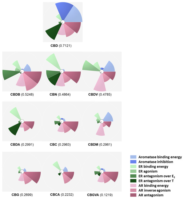ToxPi scores and ranks. The information regarding the docking analysis in aromatase, ER, and AR, as well as the information about aromatase inhibition and ER and AR agonistic/antagonistic activities for the nine selected cannabinoids and CBD, was inserted in different slices in ToxPi and used to rank the compounds.