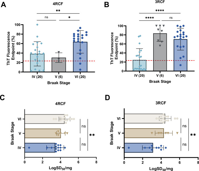 Correlation of tau-SA of skin samples from AD with their different Braak stages. Scatter plot of ThT fluorescence readings at end-points detected by RT-QuIC assays with the substrate 4RCF (A) or 3RCF (B) as a function of different Braak stages [IV (n = 20), V (n = 6) and VI (n = 20)]. Scatter plot of Braak stages with LogSD50/mg of skin tau-SA detected by RT-QuIC with the substrate 4RCF (C) or 3RCF (D), ns: p > 0.05; ** p < 0.01; ****p < 0.0001