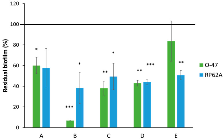 Effect of HPLC fractions (0.1 mg mL−1) on biofilm formation by S. epidermidis O-47 and S. epidermidis RP62A (A–E). On the ordinate axis, the percentage of bacterial biofilm production is reported. Data are expressed as the percentage of biofilm formed in the presence of extracts compared with the control sample. Each data point represents the mean ± SD of 3 independent samples. The results are expressed as the percentage of biofilm formed in the presence of the extracts compared to untreated bacteria (100%). Biofilm formation was considered unaffected in the range of 90–100%. Differences in mean absorbance were compared to the untreated control and considered significant when p < 0.05 (* p < 0.05, ** p < 0.01, *** p < 0.001) according to Student’s t-test.