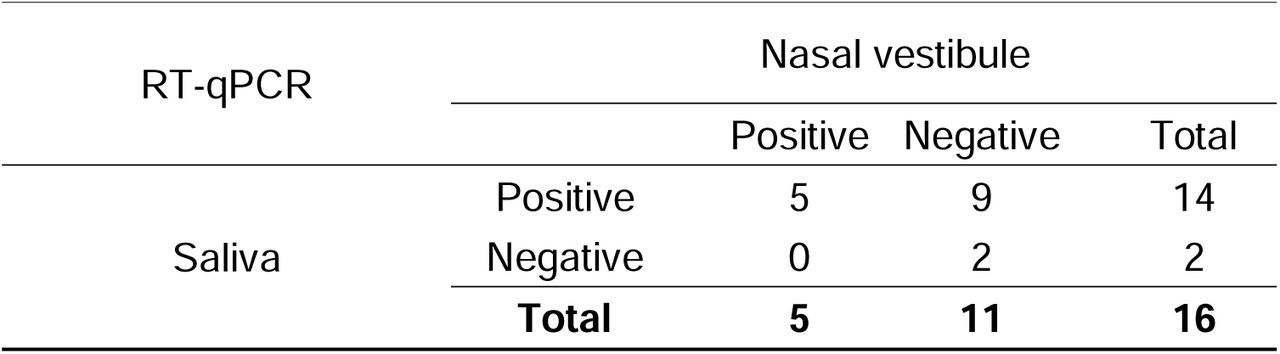 Comparison of RT-qPCR using saliva and nasal vestibule samples