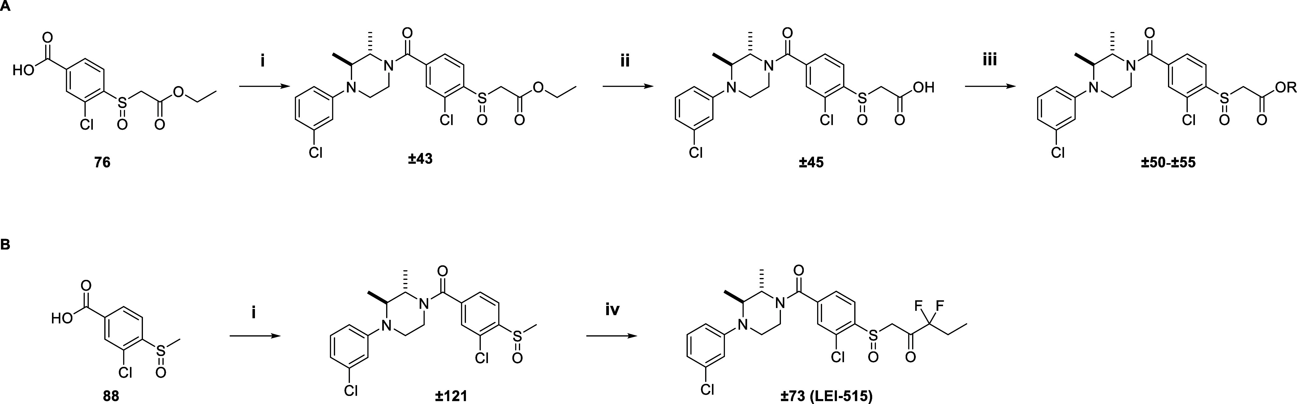 Synthesis Route of Compounds ±43, ±45, ±50–±55 (A), and ±73 (B)Reagents and conditions: (i) HATU, DiPEA, ±114, DCM, rt; (ii) TEA, MeOH, H2O, rt; (iii) oxalyl chloride, DiPEA, DCM, 0 °C, then appropriate alcohol, 0 °C – rt; (iv) LDA, ethyl 2,2-difluorobutanoate, THF, −78 °C – rt.