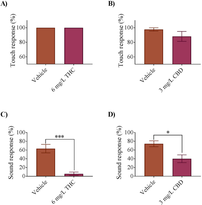 Quantification of the response rate of 5-dpf zebrafish larvae to touch and sound stimuli. (A) Bar graph comparing the ratio of larvae responding to a touch stimulus in vehicle control (n = 39 embryos in 4 experiments) and 6 mg/L THC (n = 51 embryos in 4 experiments). (B) Bar graph comparing the ratio of larvae responding to a touch stimulus in vehicle control (n = 42 embryos in 4 experiments) and 3 mg/L CBD (n = 25 embryos in 3 experiments) (C) Bar graph comparing the ratio of larvae responding to a sound stimulus in vehicle control (n = 30 embryos in 5 experiments) and 6 mg/L THC (n = 30 embryos in 5 experiments). (D) Bar graph comparing the ratio of larvae responding to a sound stimulus in vehicle control (n = 24 embryos in 4 experiments) and 3 mg/L CBD (n = 30 embryos in 5 experiments). *Significantly different from controls p < 0.05. ***Significantly different from controls p < 0.001.