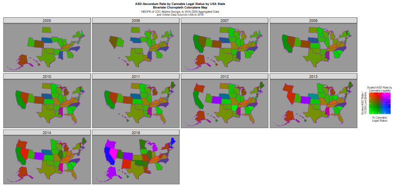 Bivariate map graph of (log) ASD rates across USA as a function of cannabis legal status with semi-quantitative scale applied to cannabis legal status, as described in Section 2.